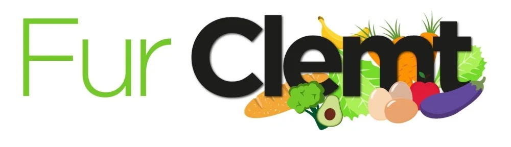 Logo for Fur Clemt. The word Clemt has cartoon images of food around it.