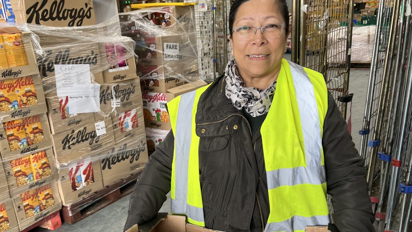 Kala Mandviwala, Tameside Meals Project collecting tomatoes from warehouse