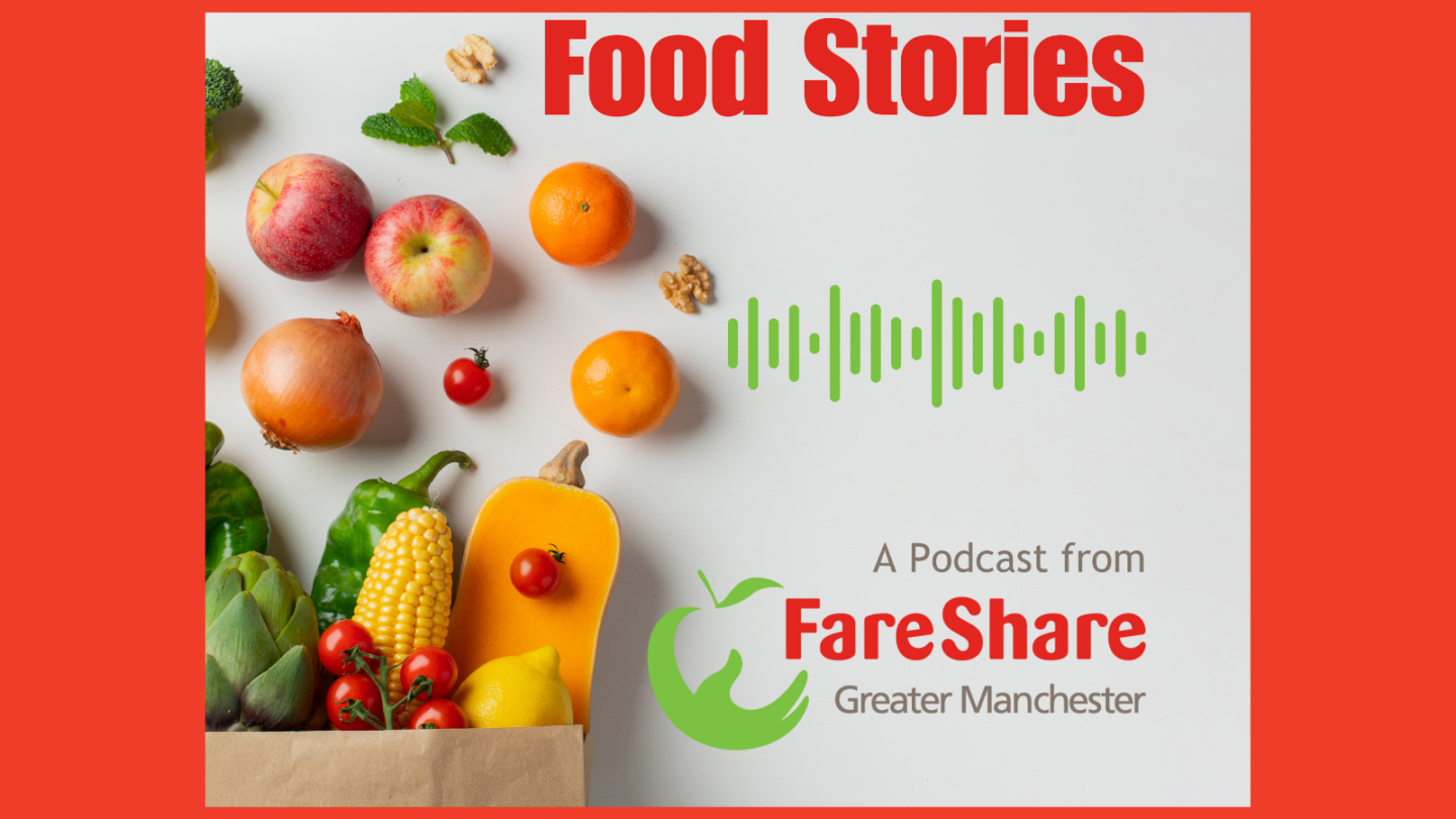brown paper bag on its side with fruit & vegetables spilling out with the words Food Stories, a podcast from FareShare Greater Manchester