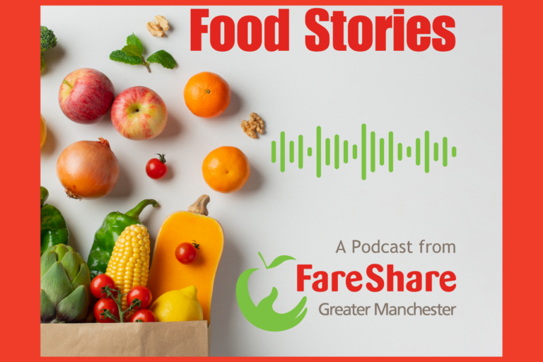 brown paper bag on its side with fruit & vegetables spilling out with the words Food Stories, a podcast from FareShare Greater Manchester