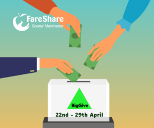 Cartoon image of three hands reaching towards a collection box holding money, The box has the logo of the Big Give on the front