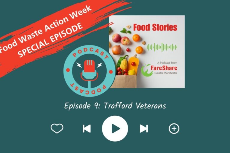 Image shows the Food Stories podcast logo with the words Food Waste Action Week Special Episode and Episode 9 : Trafford Veterans
