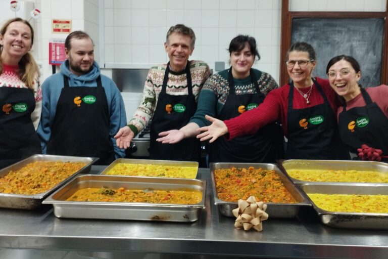 festive cook-up with large trays of food